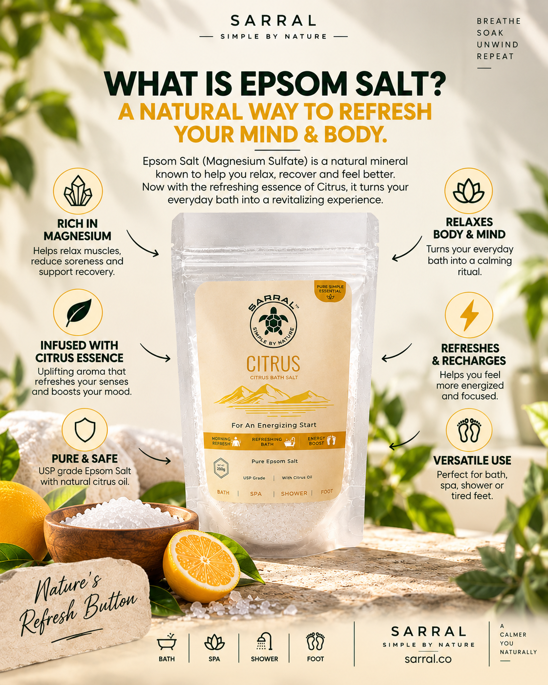 SARRAL Citrus Epsom Salt (USP Grade) 250g