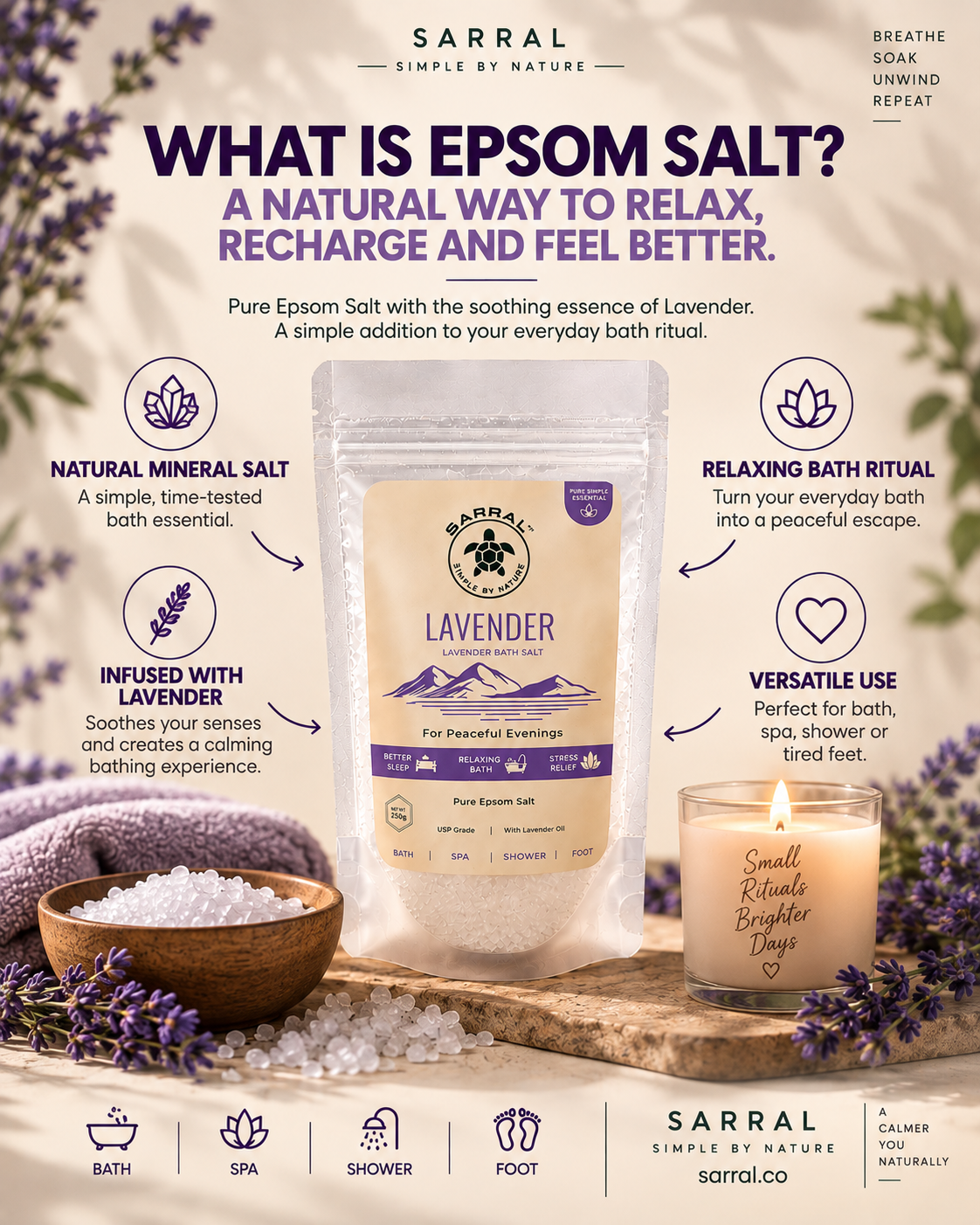 SARRAL Lavender Epsom Salt (USP Grade) 250g