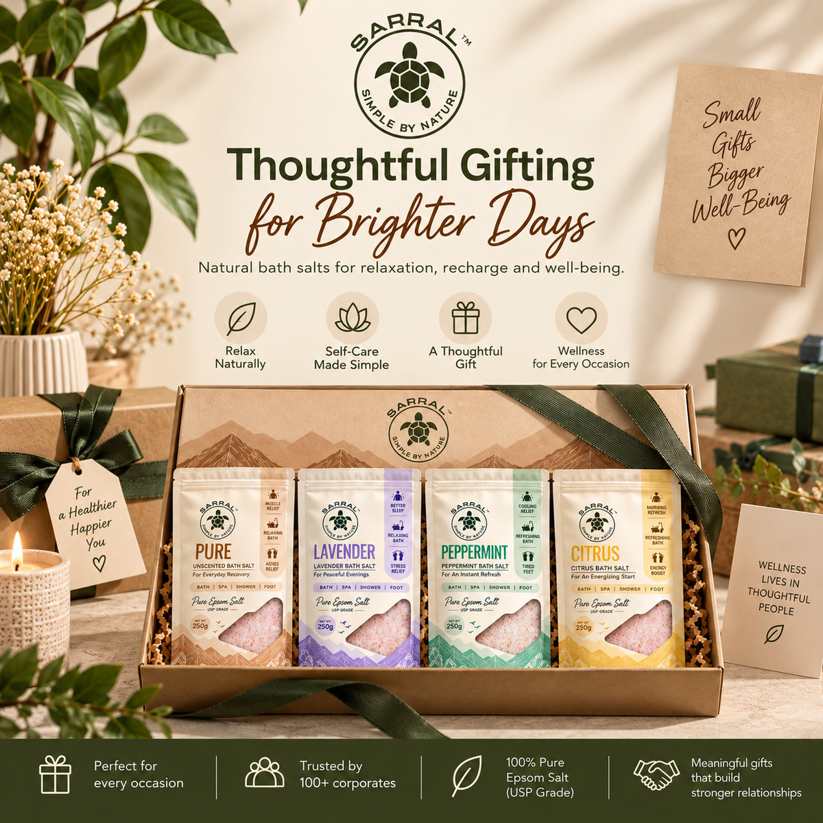 The SARRAL Wellness Gift Box - Citrus, Pure, Lavender, Peppermint Epsom Salt (4x100g)