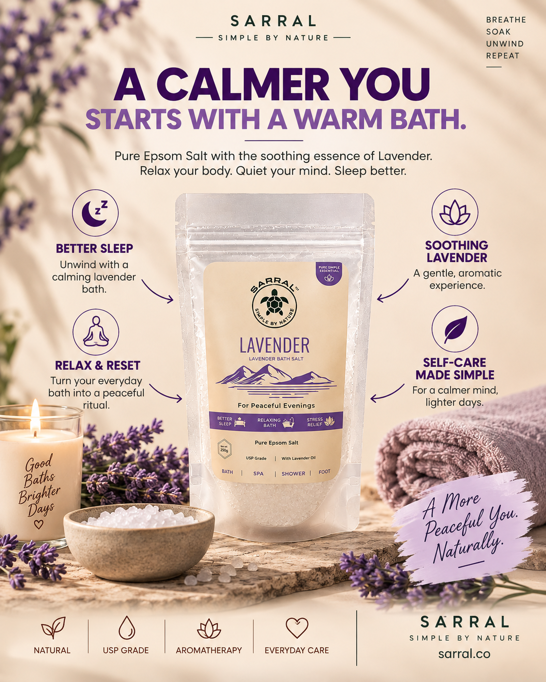 SARRAL Lavender Epsom Salt (USP Grade) 250g