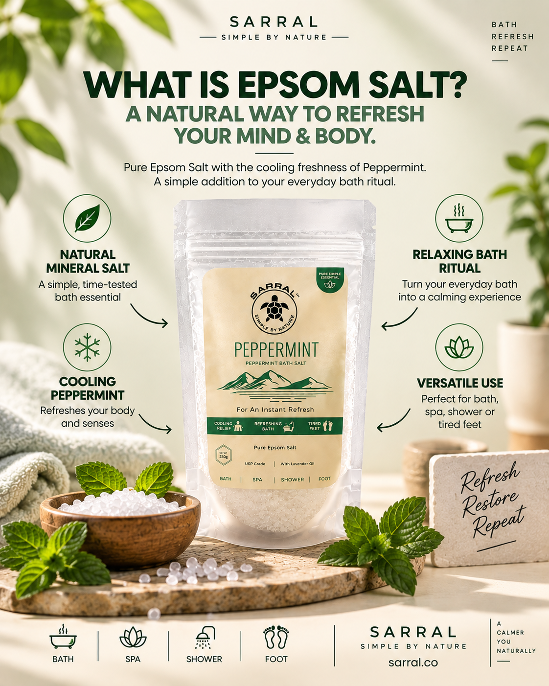SARRAL Peppermint Epsom Salt (USP Grade) 250g
