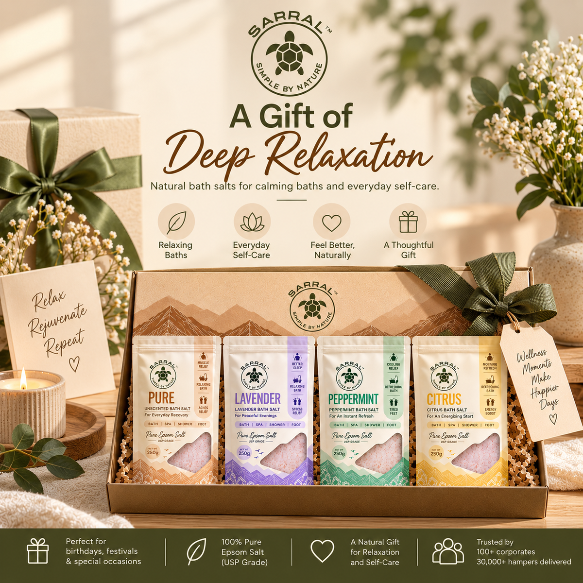 The SARRAL Wellness Gift Box - Citrus, Pure, Lavender, Peppermint Epsom Salt (4x100g)