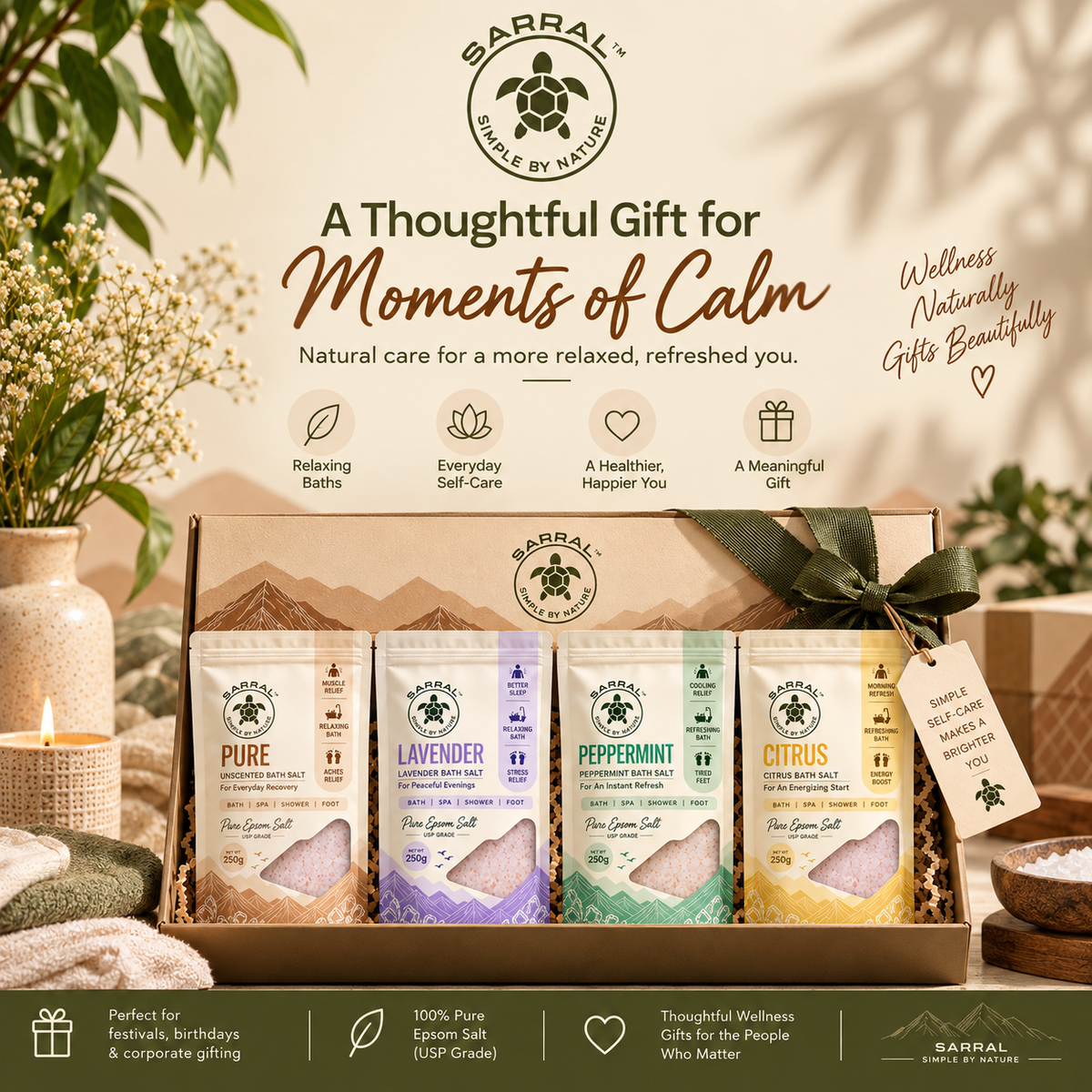 The SARRAL Wellness Gift Box - Citrus, Pure, Lavender, Peppermint Epsom Salt (4x100g)